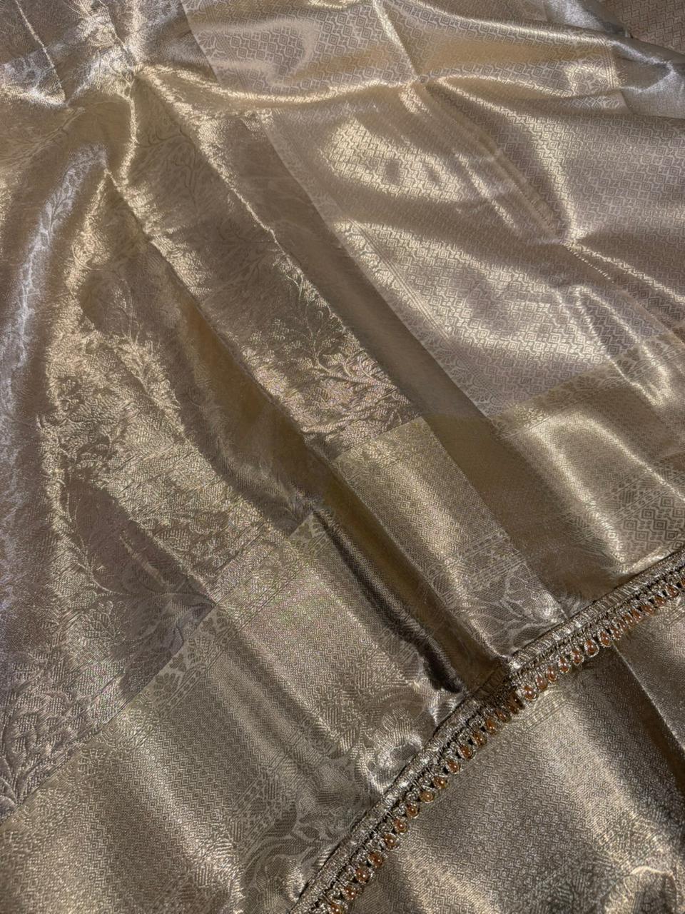 Ivory Kanjivaram Tissue Silk Designer Lace Attached Banarasi Saree