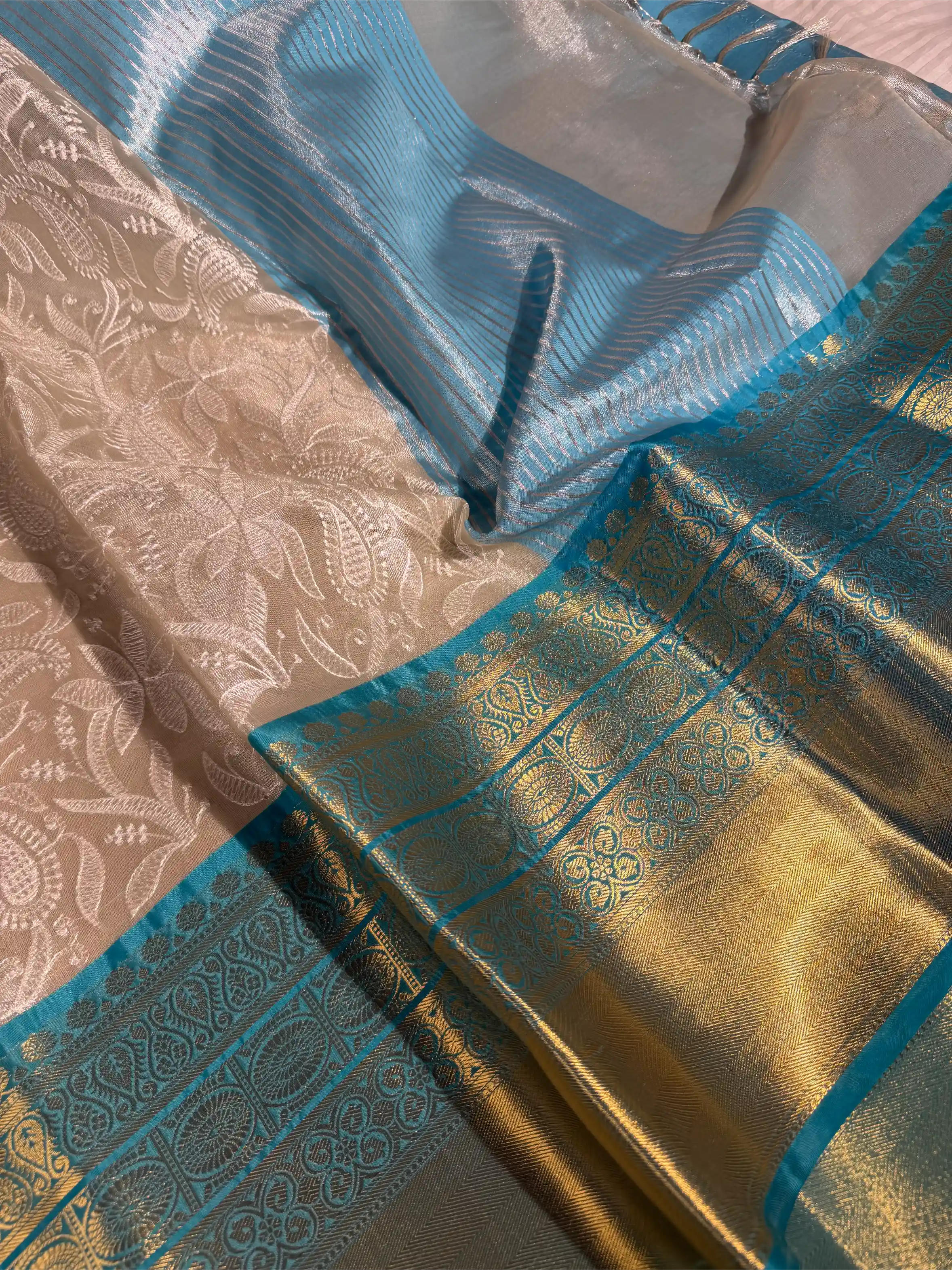 Ivory Katan Tissue Silk Water Zari Chikankari Embroidered Banarasi Saree