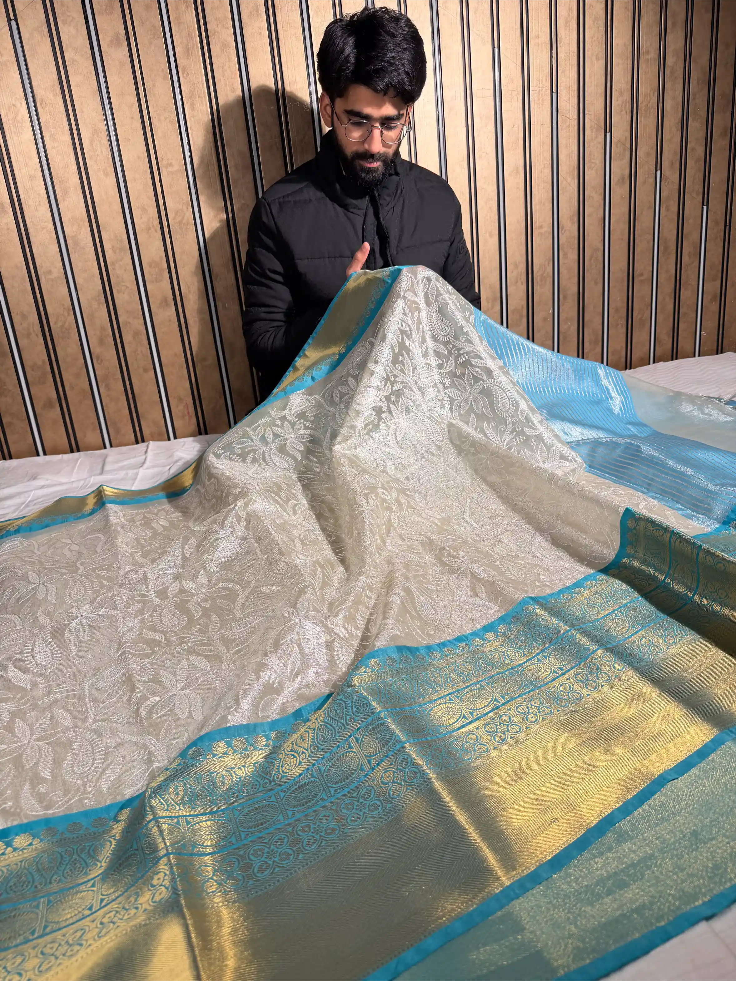 Ivory Katan Tissue Silk Water Zari Chikankari Embroidered Banarasi Saree