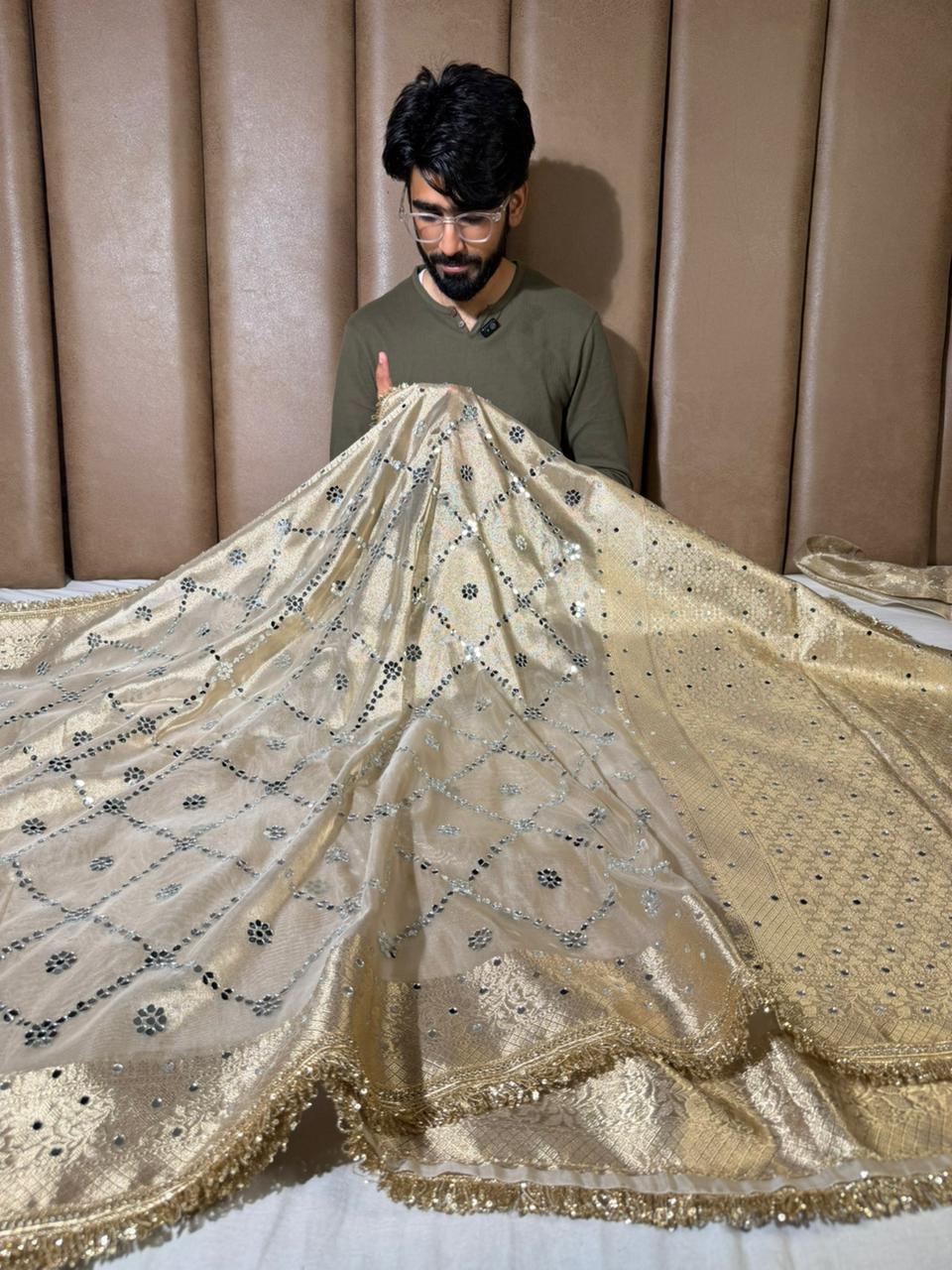 Ivory Kora Tissue Mirror Work Banarasi Saree