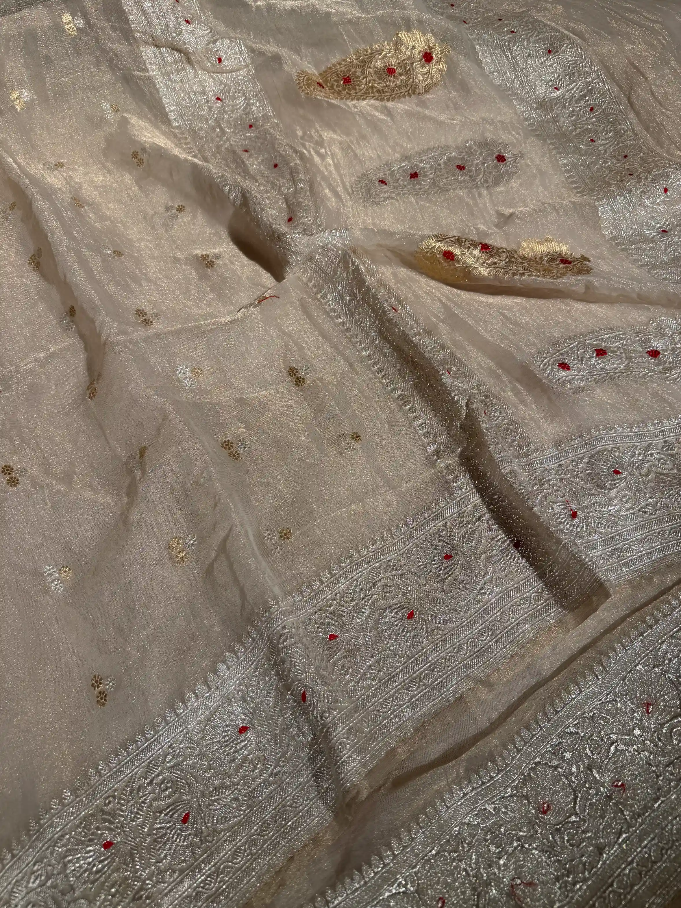 Ivory Pure Khaddi Tissue Silk Natural Handwoven Banarasi Saree