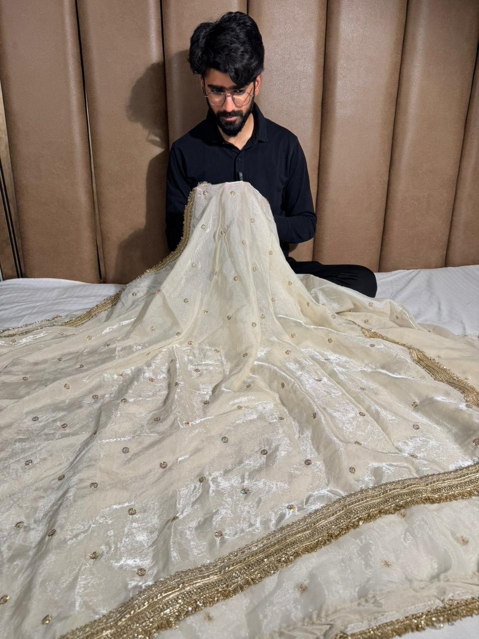 Ivory shimmery tissue silk designer saree