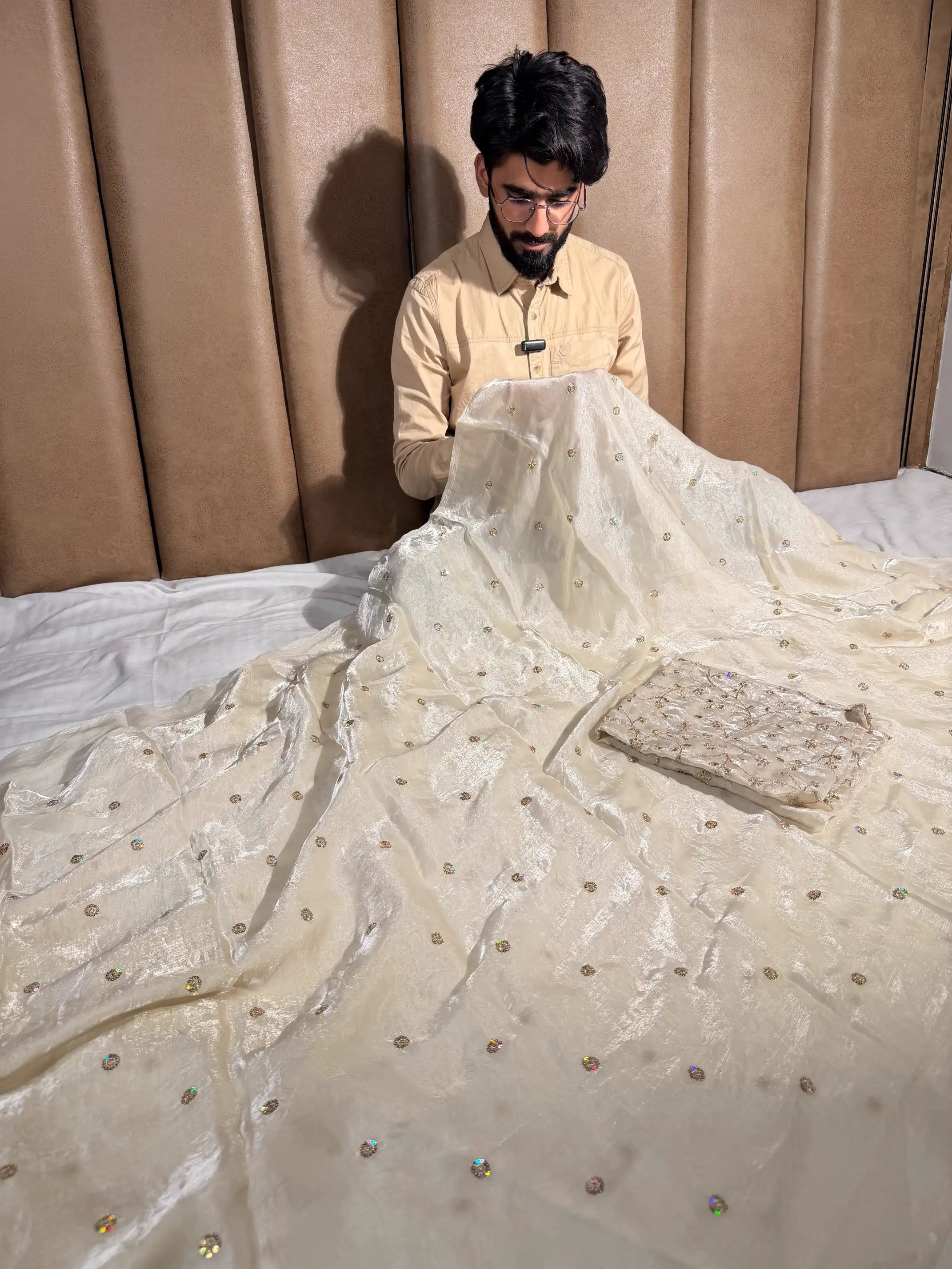 Ivory White Shimmery Tissue Designer Embroidered Saree