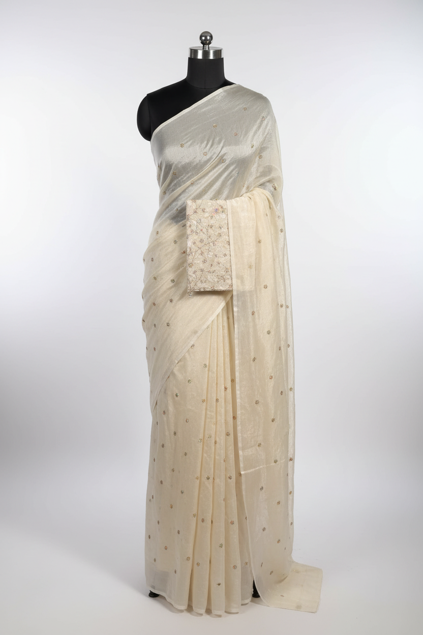Ivory White Shimmery Tissue Designer Embroidered Saree