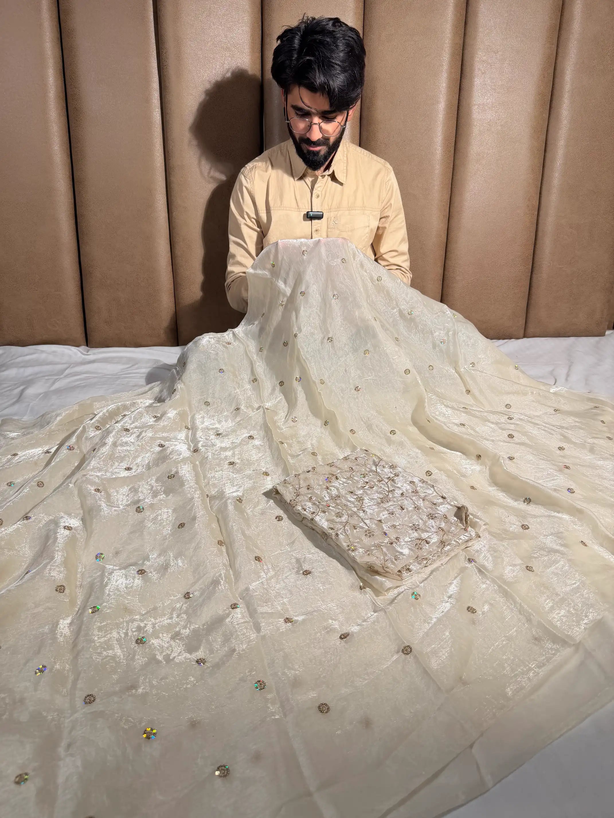 Ivory White Shimmery Tissue Designer Embroidered Saree