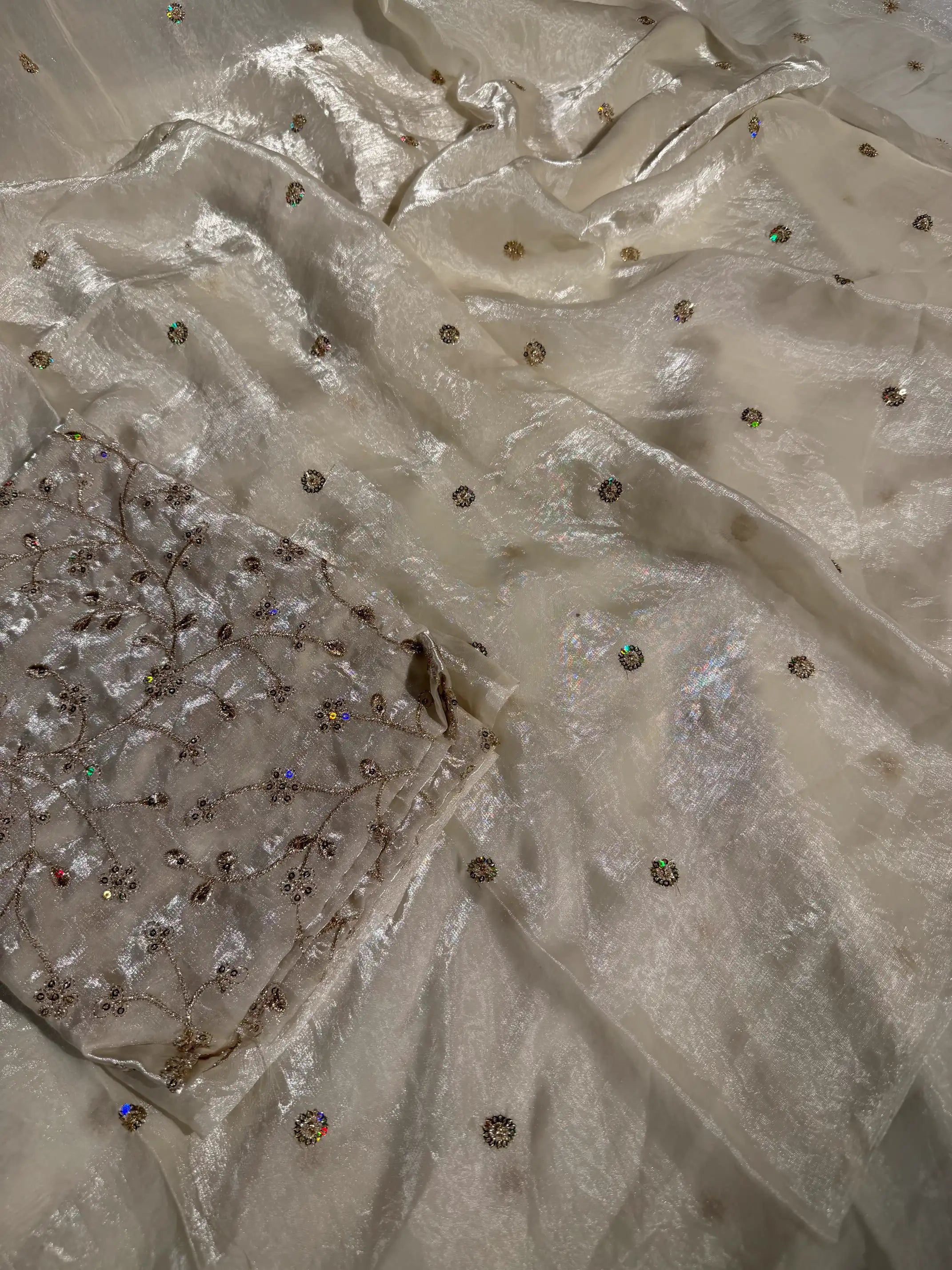 Ivory White Shimmery Tissue Designer Embroidered Saree