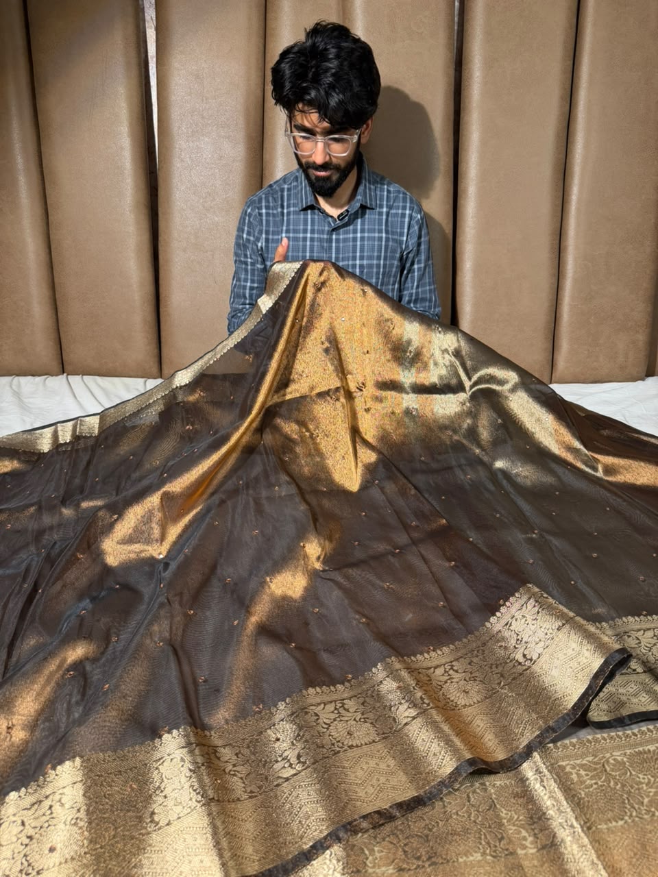 Metallic Brown Kora Tissue Mirror Work Saree
