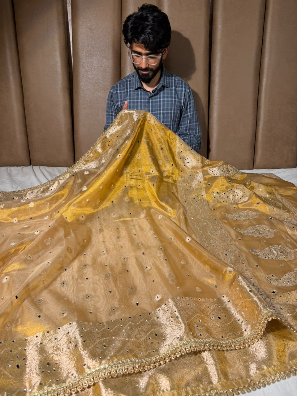 Never Seen Copper Gold Tissue Mirror Work Saree