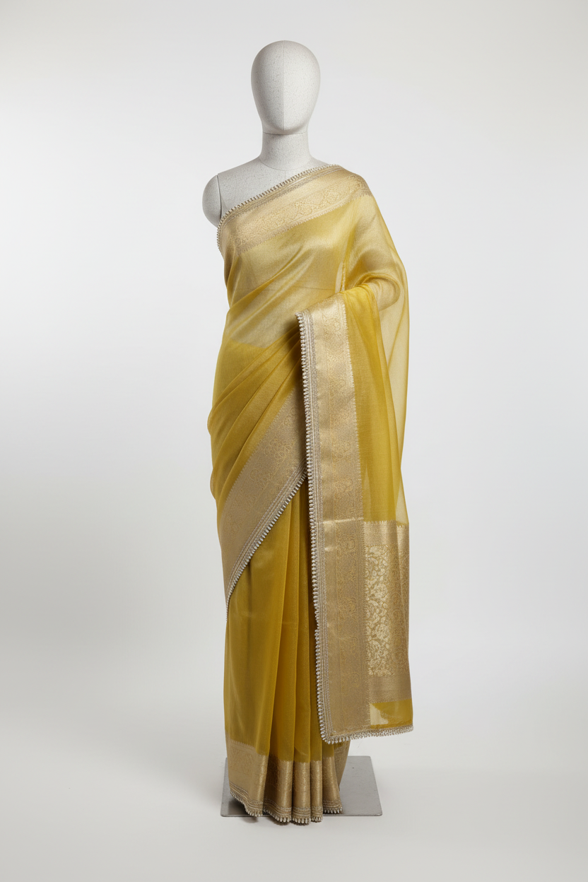 Janhvi Kapoor Inspired Tissue Silk Designer Lace Work Banarasi Saree