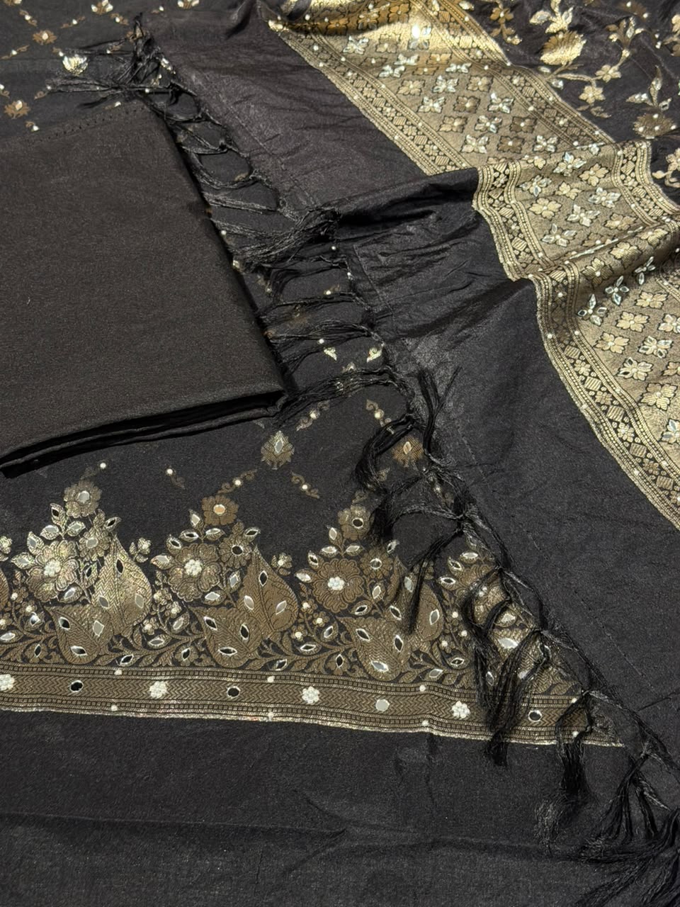 Jet Black Chinia Silk Banarasi Mirror Work Suit
