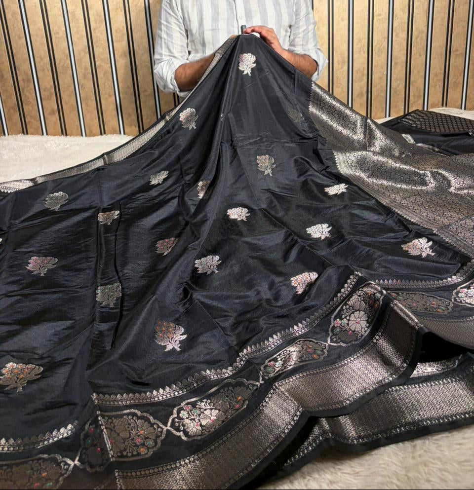 Jet Black Colour premium Chinia silk Banarasi saree