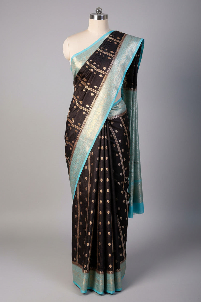 Jet Black Contrast Chinia Silk Traditional Banarasi Saree