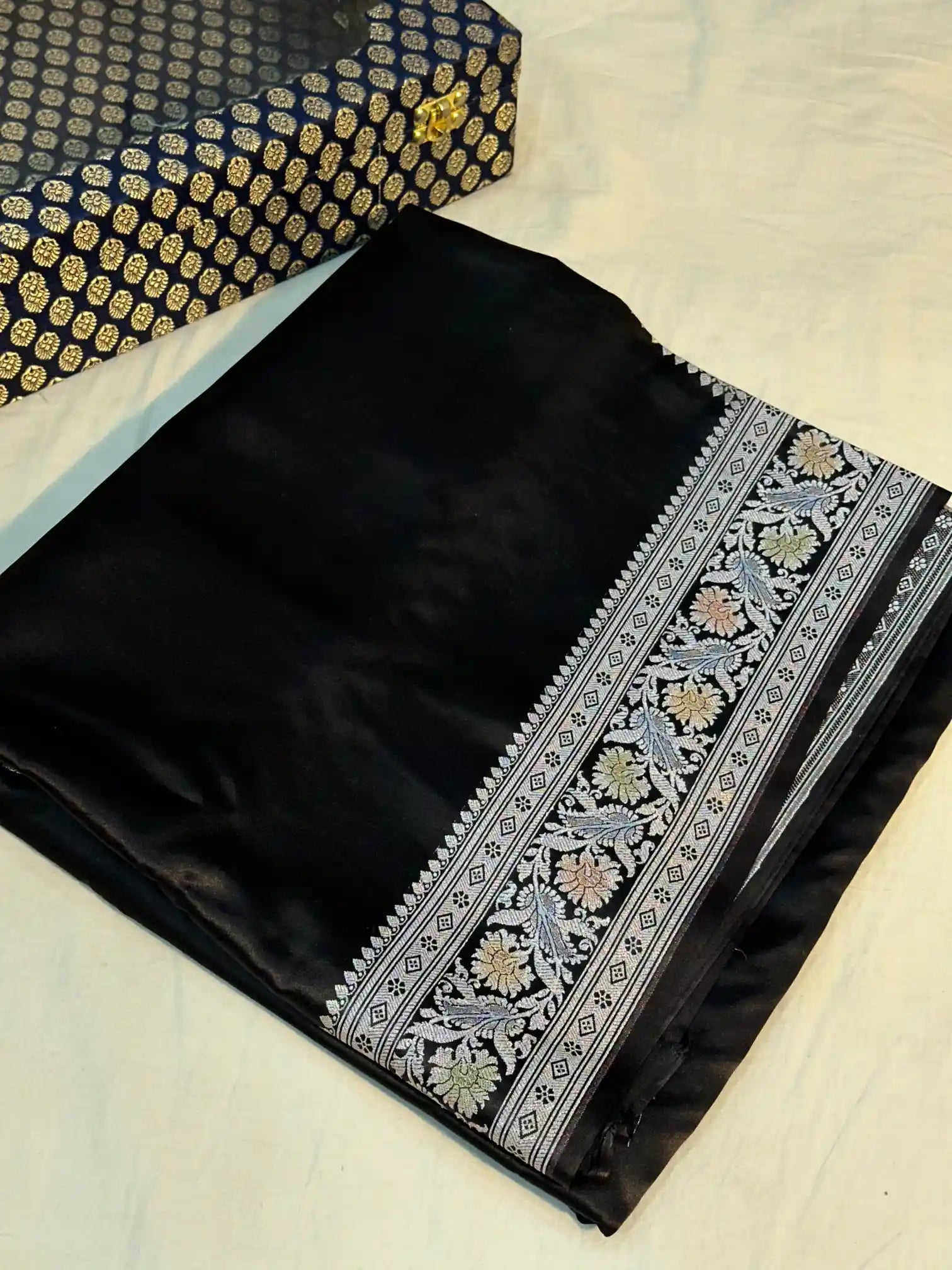 Jet Black Handbrush Dyed Mashru Silk Banarasi Saree