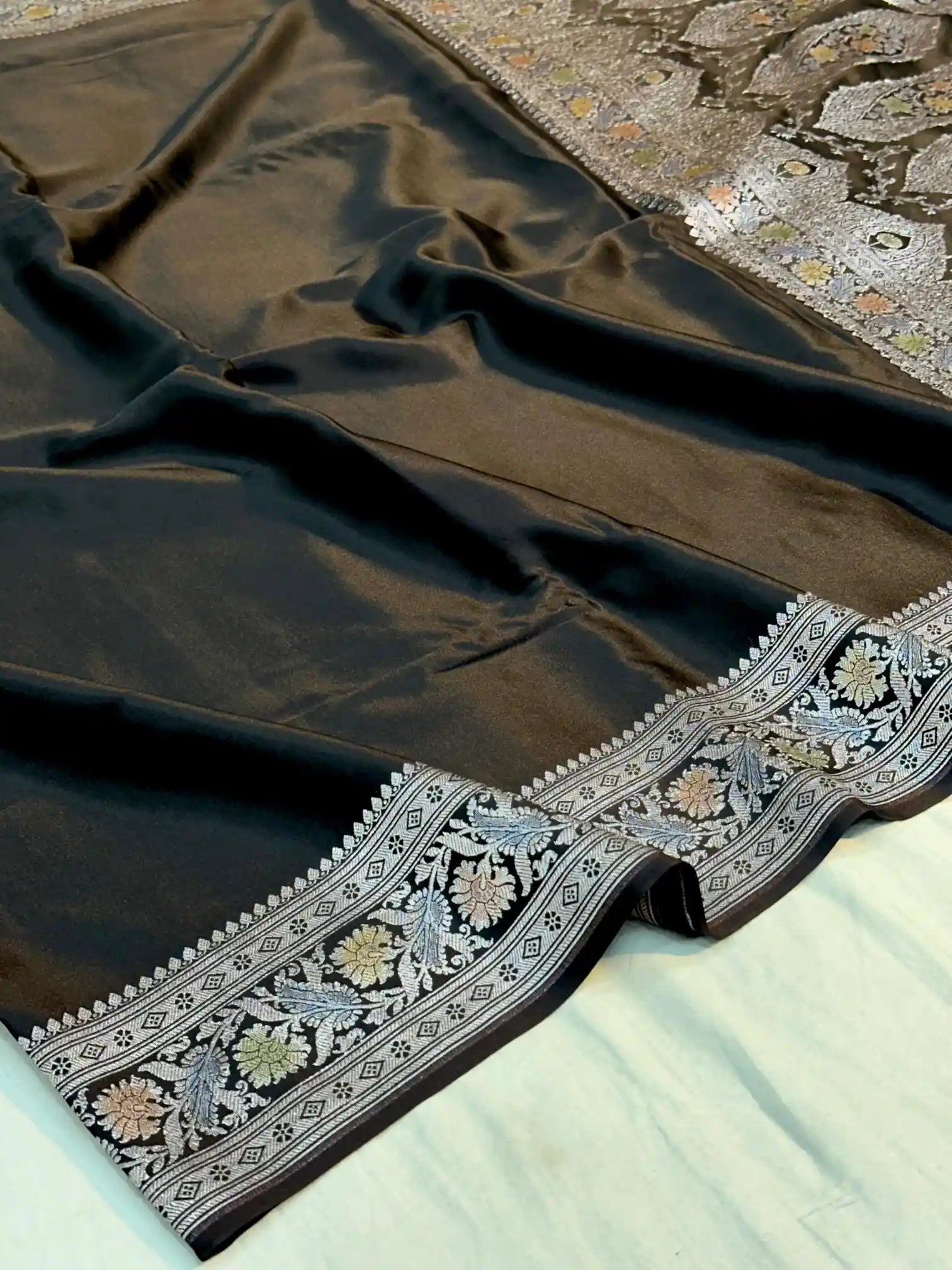 Jet Black Handbrush Dyed Mashru Silk Banarasi Saree