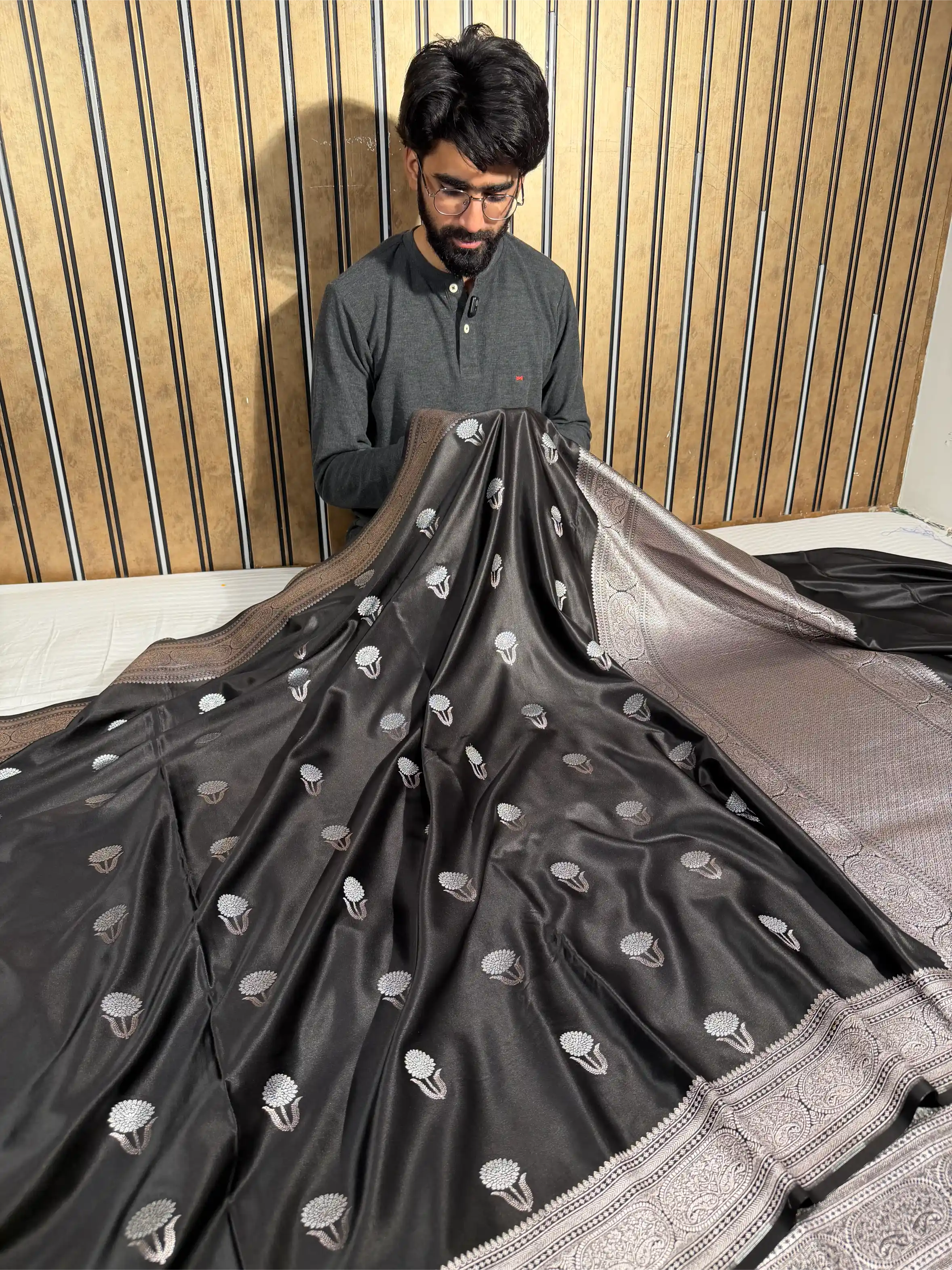 Jet Black Heritage Mashru Katan Silk Banarasi Saree