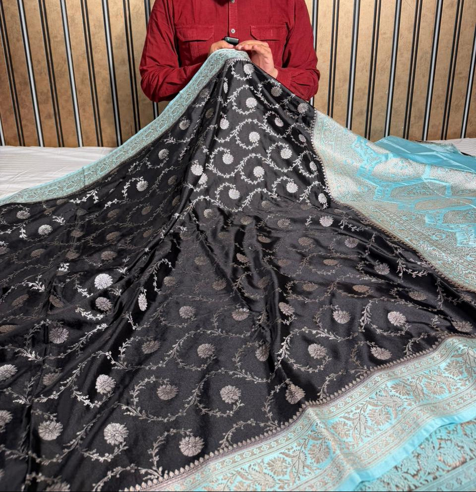 Jet Black Mashru Katan Silk Heritage Banarasi Saree 