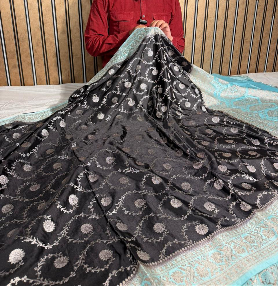 Jet Black Mashru Katan Silk Heritage Banarasi Saree 