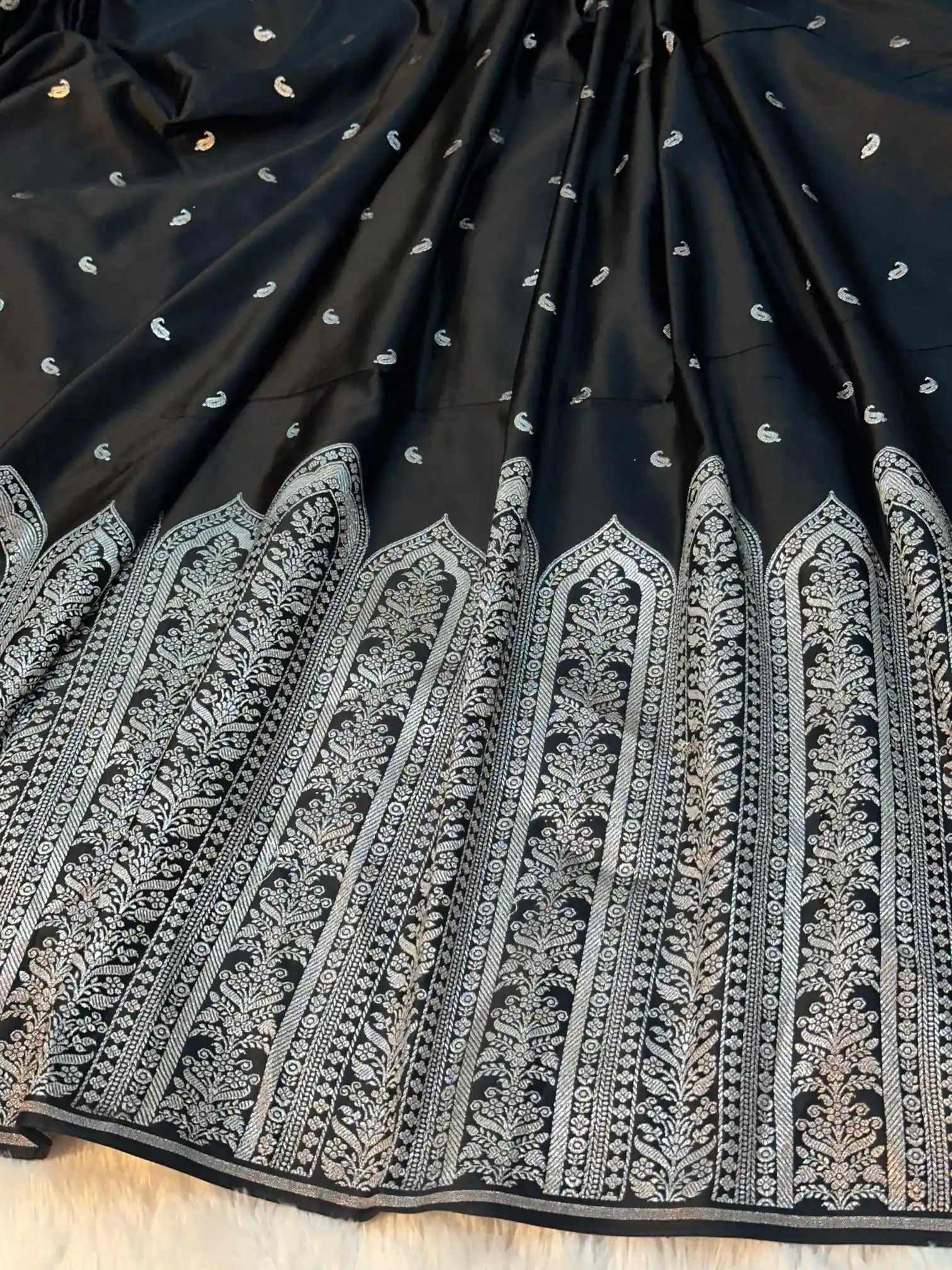 Jet Black Mashru Katan Silk Heritage Weave Banarasi Saree