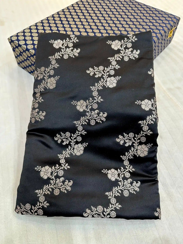 Jet Black Mashru Katan Silk Leheriya Weave Banarasi Saree