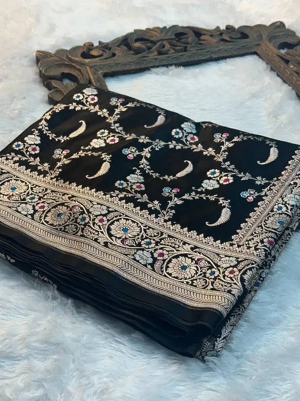 Jet Black Mashru Katan Silk Tilfi Meenakari Weave Banarasi Saree