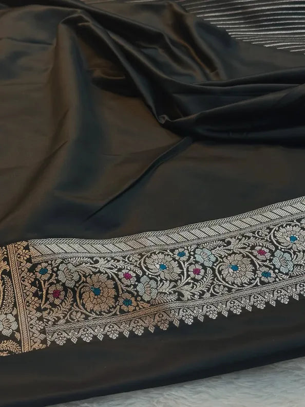 Jet Black Mashru Katan Silk Tilfi Meenakari Weave Banarasi Saree