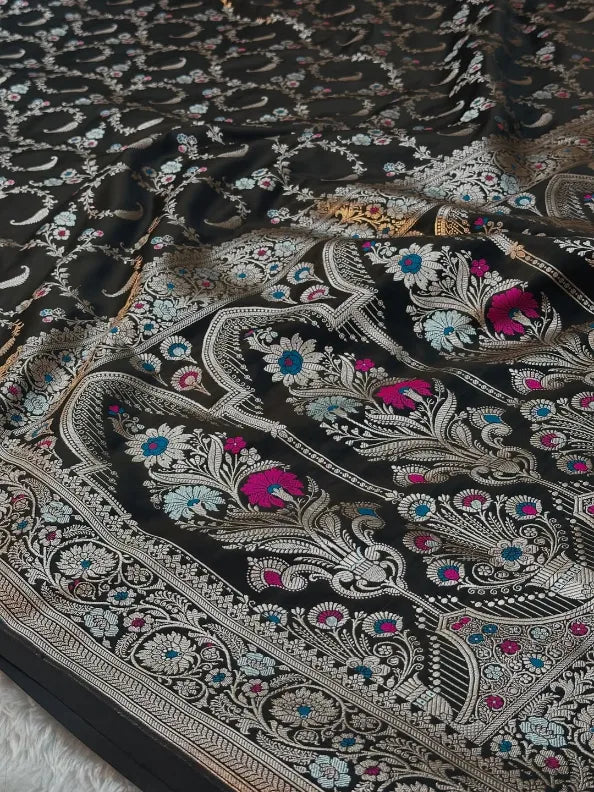 Jet Black Mashru Katan Silk Tilfi Meenakari Weave Banarasi Saree