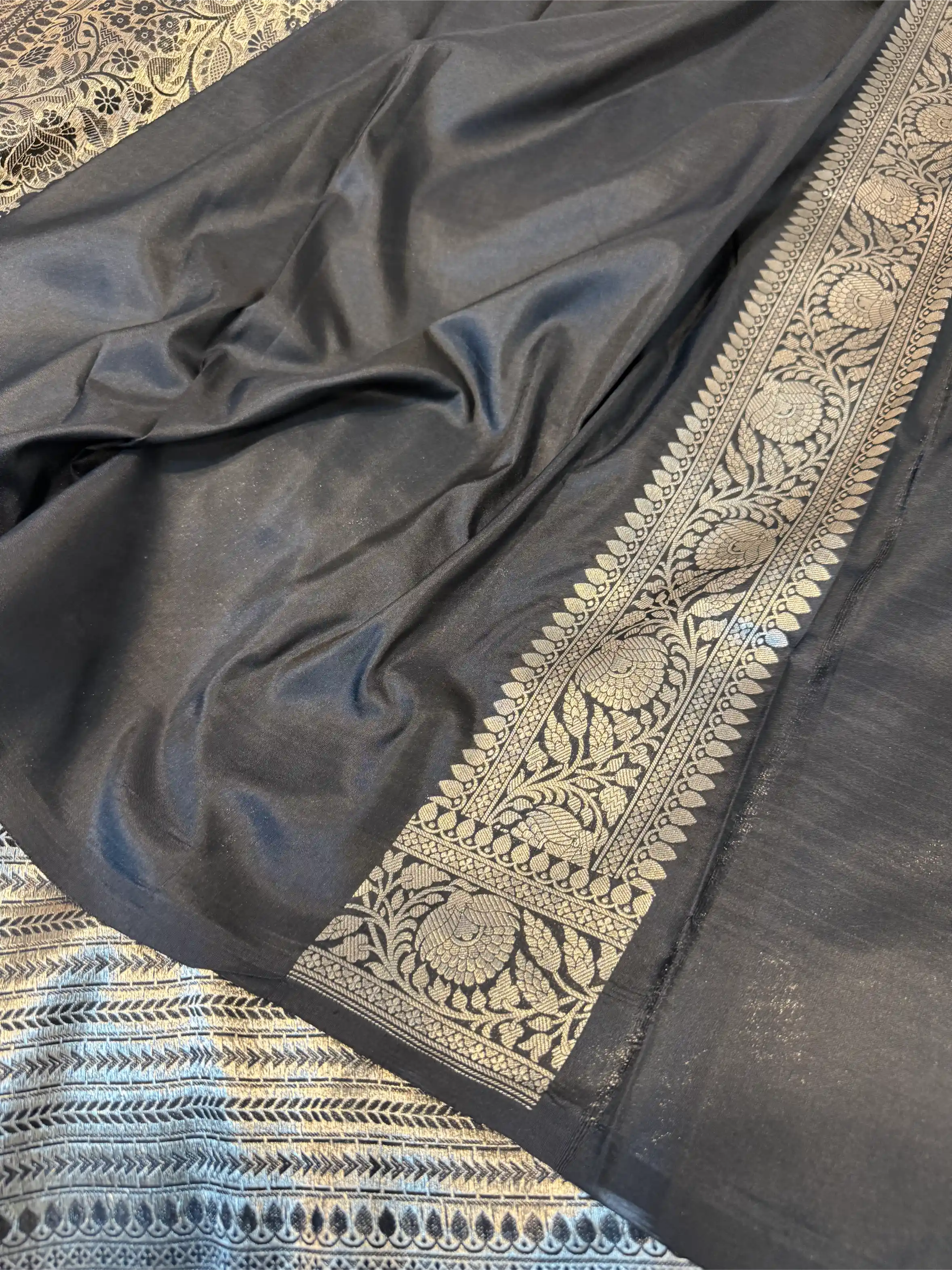 Jet Black Pure Katan Silk Silver Zari Intricate Weave Banarasi Saree