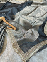 Jet Black Pure Tissue Silk Banarasi Saree with Zari Intricate Floral Border and Pallu