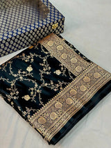 Jet Black Satin Katan Silk Golden Zari Intricate Floral Banarasi Saree