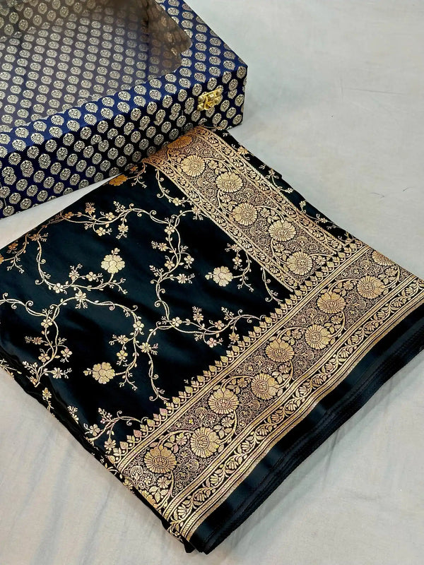 Jet Black Satin Katan Silk Golden Zari Intricate Floral Banarasi Saree