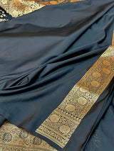 Jet Black Satin Katan Silk Golden Zari Intricate Floral Banarasi Saree