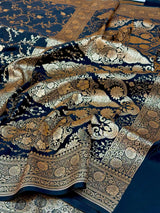 Jet Black Satin Katan Silk Golden Zari Intricate Floral Banarasi Saree