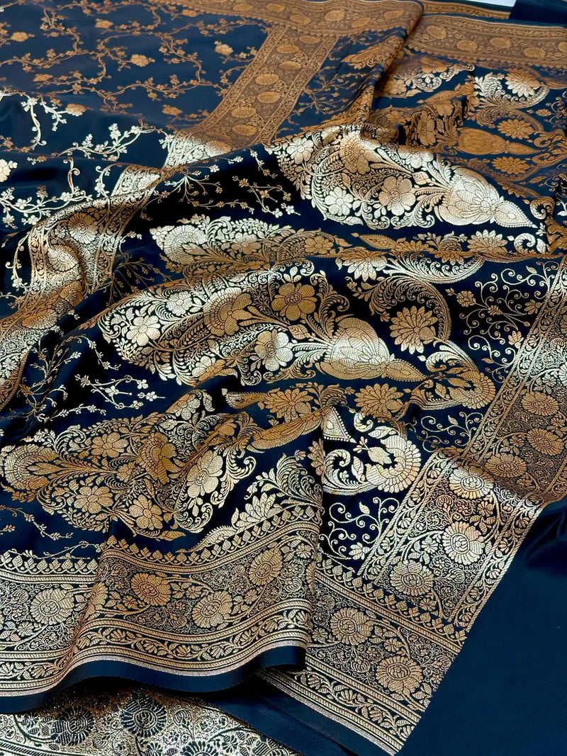 Jet Black Satin Katan Silk Golden Zari Intricate Floral Banarasi Saree