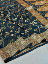 Jet Black Satin Katan Silk Golden Zari Intricate Floral Banarasi Saree
