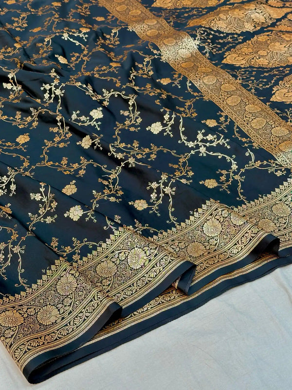 Jet Black Satin Katan Silk Golden Zari Intricate Floral Banarasi Saree