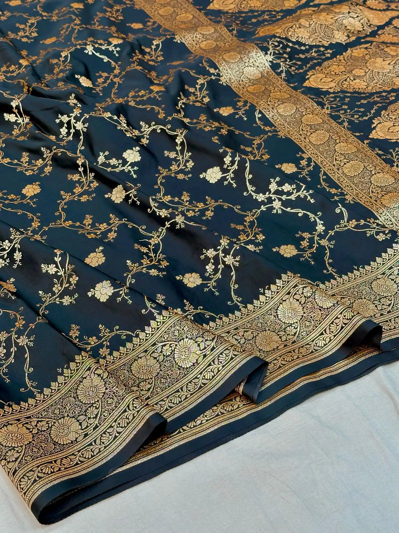 Jet Black Satin Katan Silk Golden Zari Intricate Floral Banarasi Saree