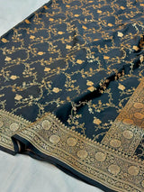 Jet Black Satin Katan Silk Golden Zari Intricate Floral Banarasi Saree
