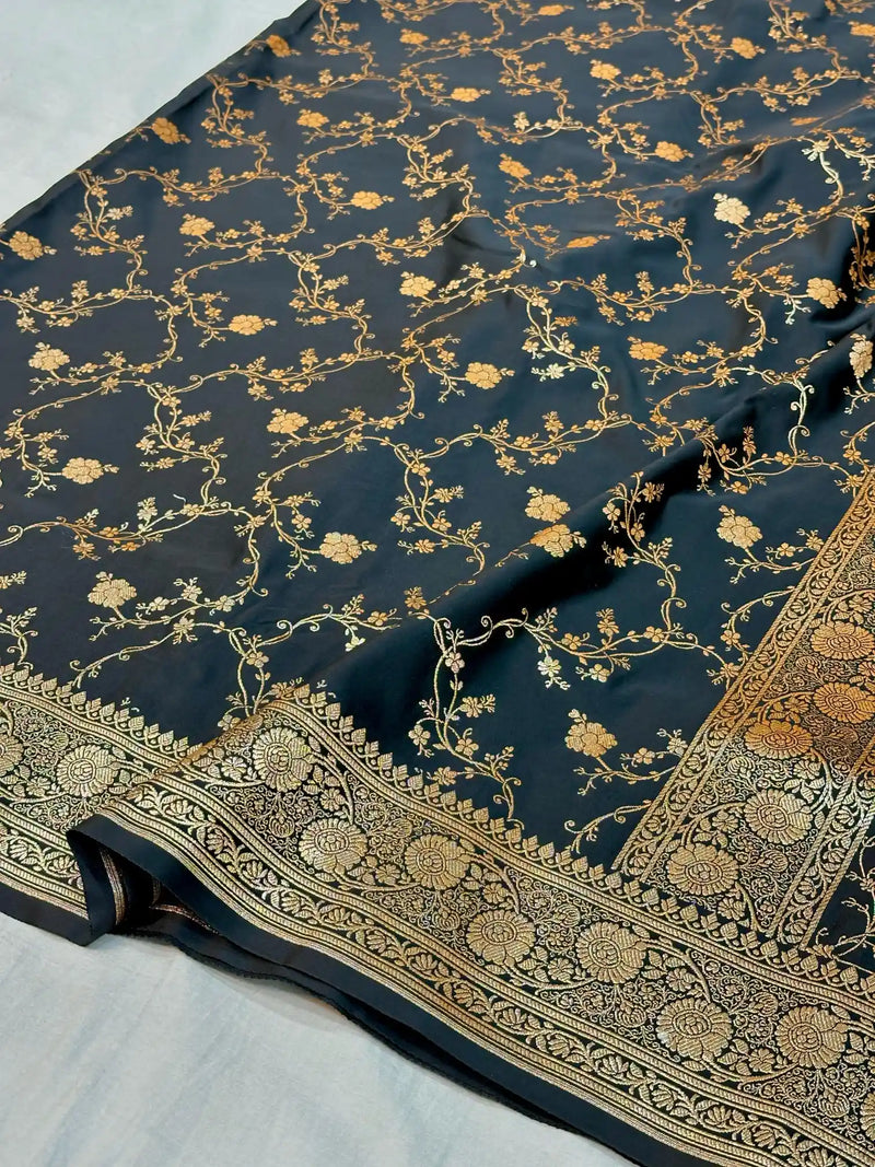 Jet Black Satin Katan Silk Golden Zari Intricate Floral Banarasi Saree