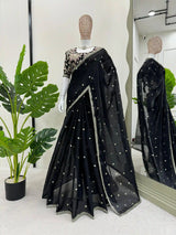 Jet Black Shimmery Tissue Designer Saree