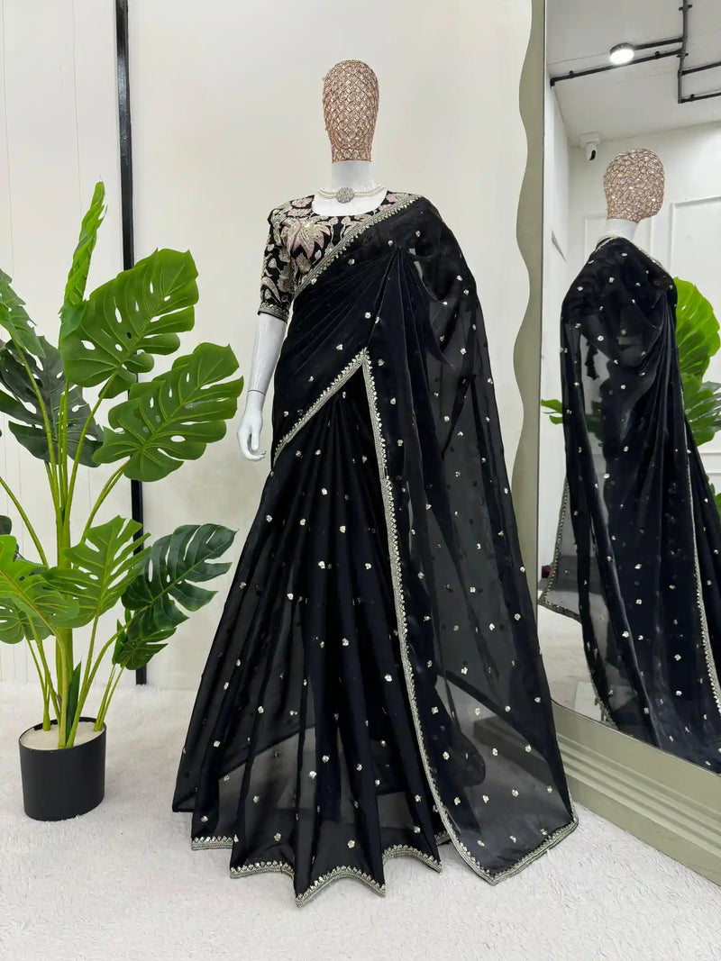 Jet Black Shimmery Tissue Designer Saree