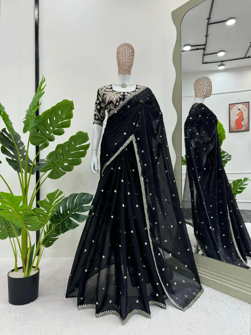 Jet Black Shimmery Tissue Designer Saree