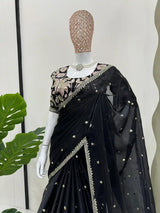 Jet Black Shimmery Tissue Designer Saree