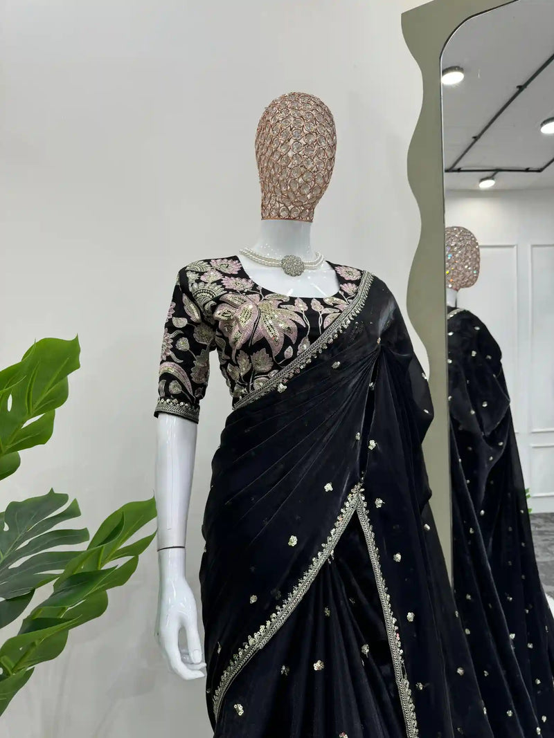 Jet Black Shimmery Tissue Designer Saree