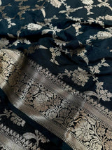 Jet Black Chiniya Silk Golden Zari Floral Weave Banarasi Saree