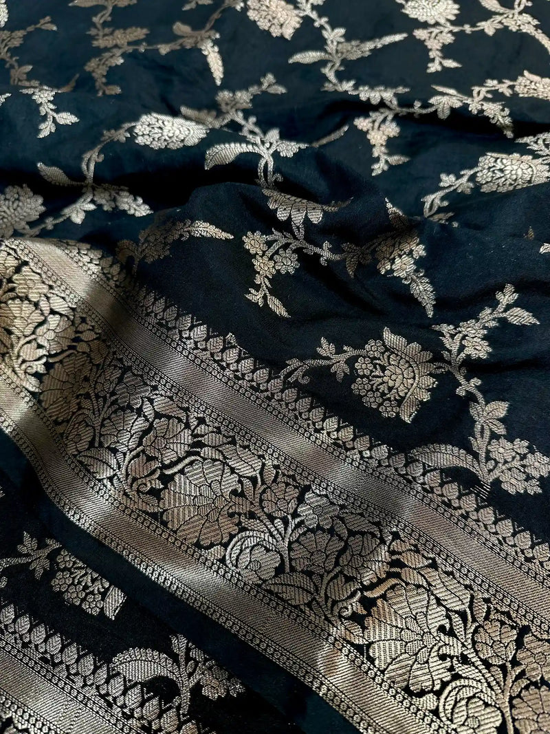 Jet Black Chiniya Silk Golden Zari Floral Weave Banarasi Saree