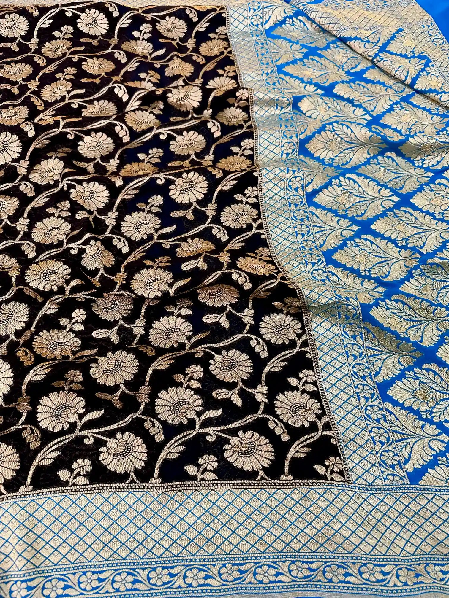 Jet Black Floral Khaddi Beorgette Banarasi Saree