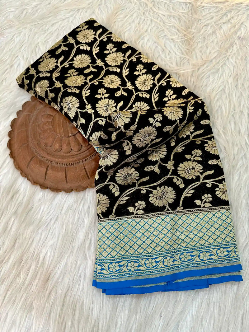 Jet Black Floral Khaddi Beorgette Banarasi Saree