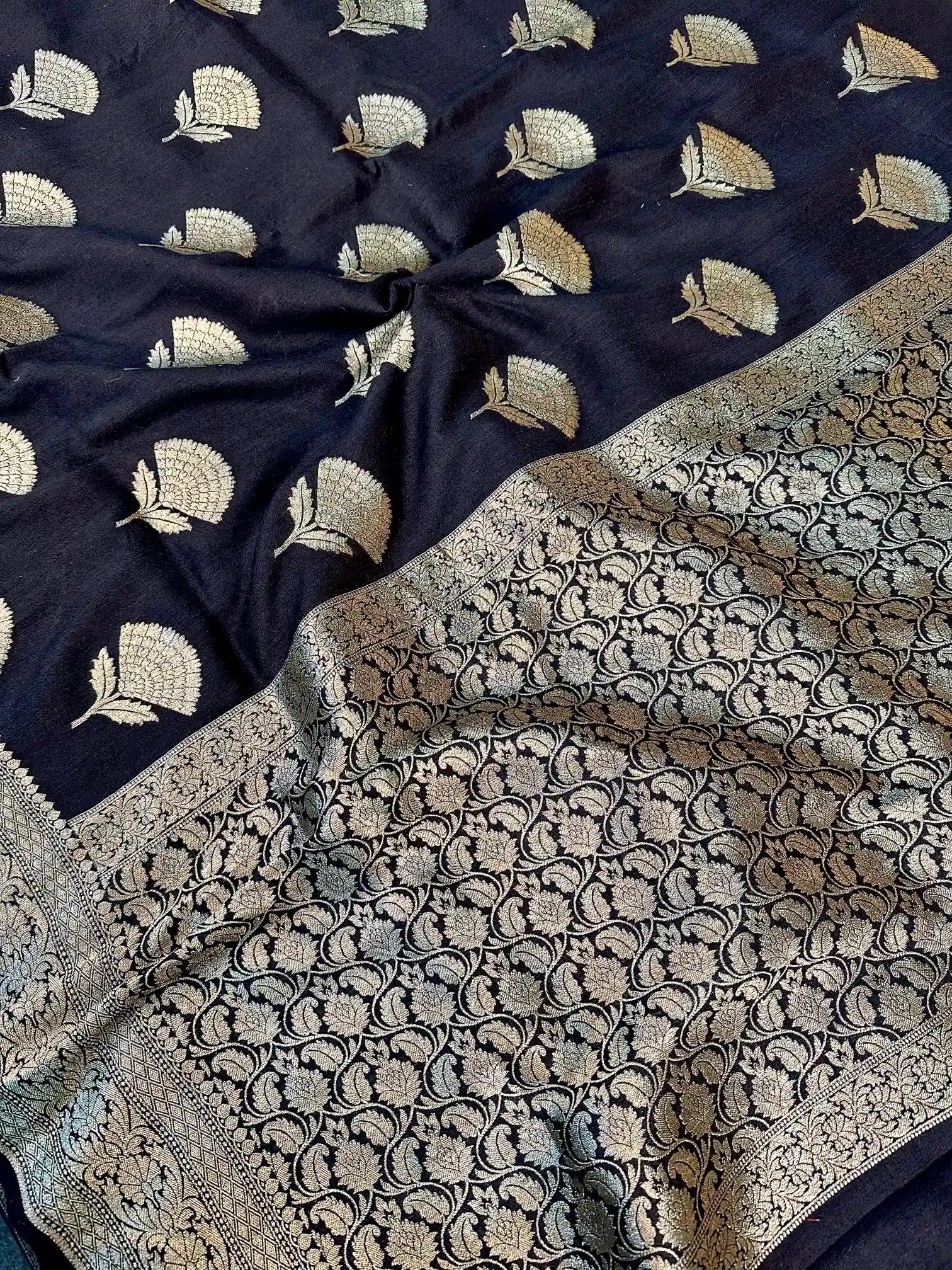 Jet Black Floral Munga Silk Banarasi Saree