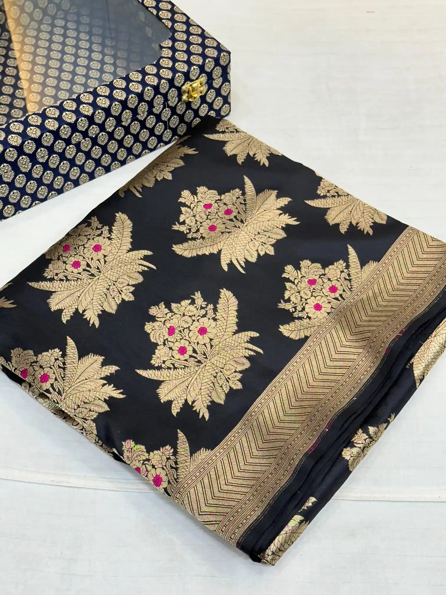 Jet black Alfi pure katan silk Banarasi saree 