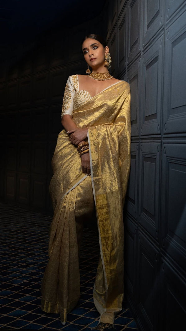 Keerthy Suresh Ma’am Inspired Kanjivaram Brocade Tissue Silk Lace Attached Saree